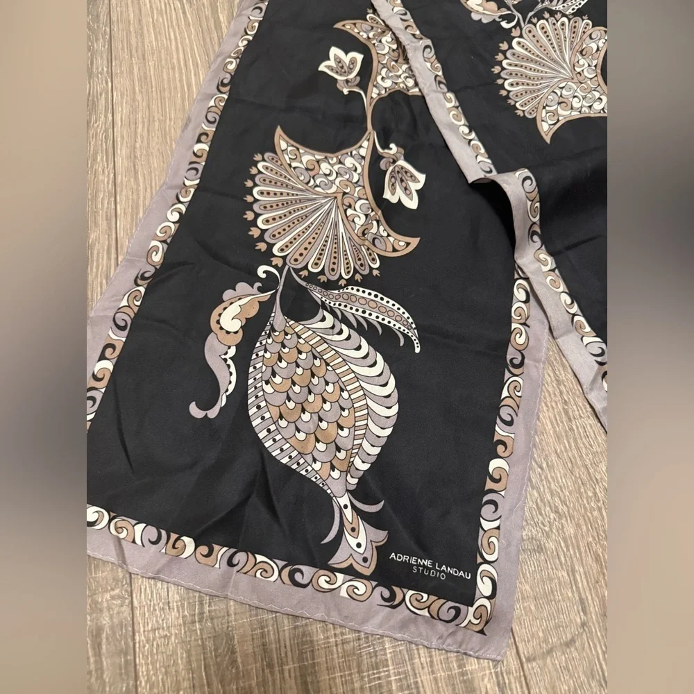 Adrienne Landau Studio Black Gray Beige Floral Silk Scarf